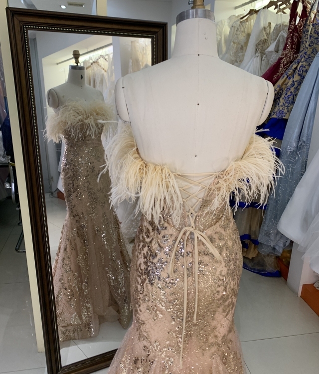 New glitter sequin luxury feather wholesale long gowns evening prom dress 2025