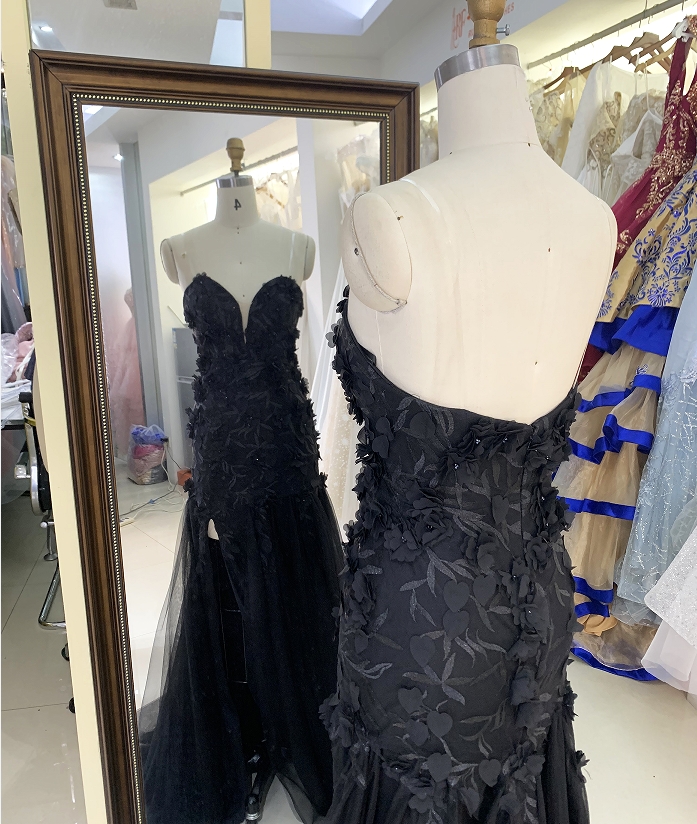 Wholesale black embroidery sweetheart zipper up back mermaid tulle long gown prom evening dress 2025