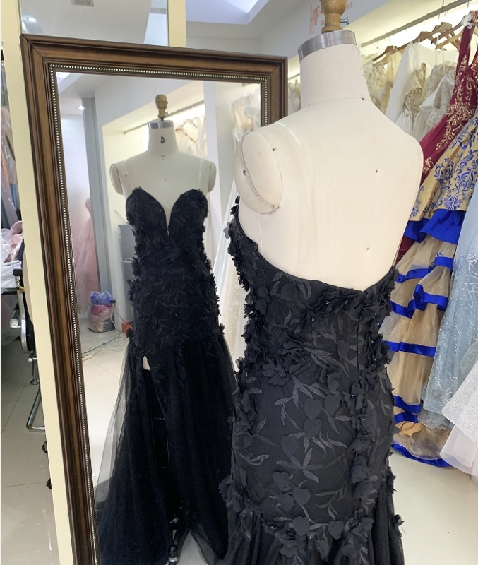 Wholesale black embroidery sweetheart zipper up back mermaid tulle long gown prom evening dress 2025