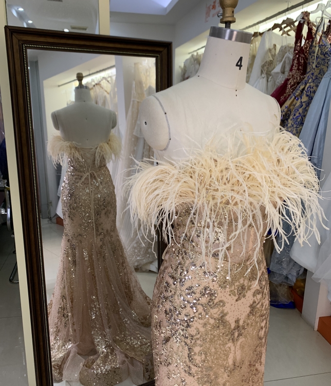 New glitter sequin luxury feather wholesale long gowns evening prom dress 2025