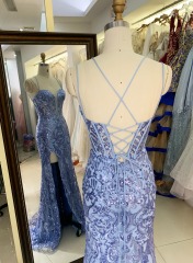 Wholesale dusty blue sequin corset lace up back mermaid long gown prom evening dress 2025