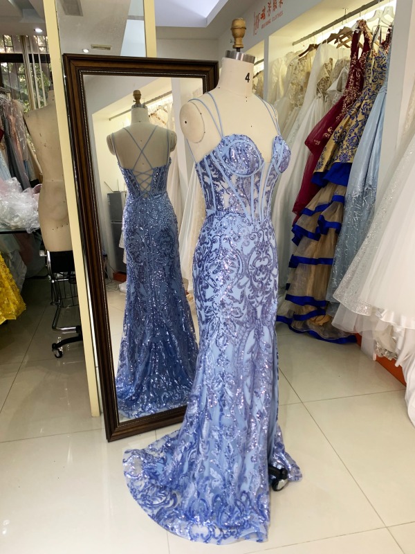 Wholesale dusty blue sequin corset lace up back mermaid long gown prom evening dress 2025