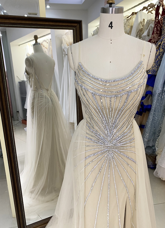 Champagne silver beading overskirt deep V back high quality long gown evening dress