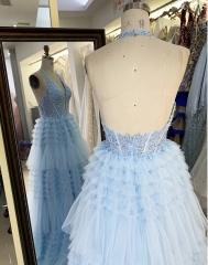 Wholesale light blue tulle corset zipper up back long gown prom evening dress 2025