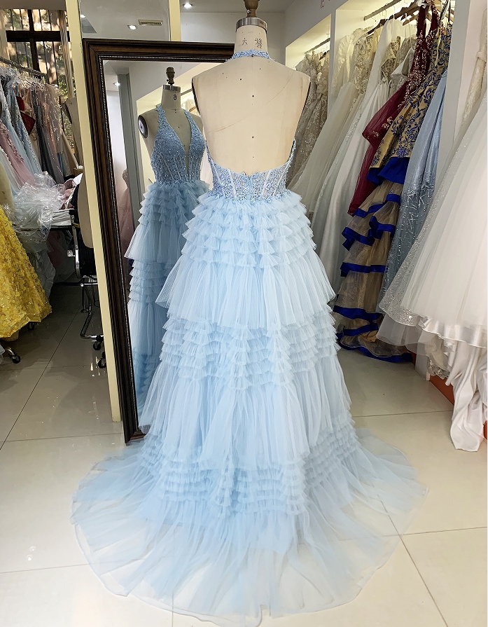 Wholesale light blue tulle corset zipper up back long gown prom evening dress 2025