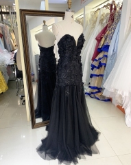 Wholesale black embroidery sweetheart zipper up back mermaid tulle long gown prom evening dress 2025