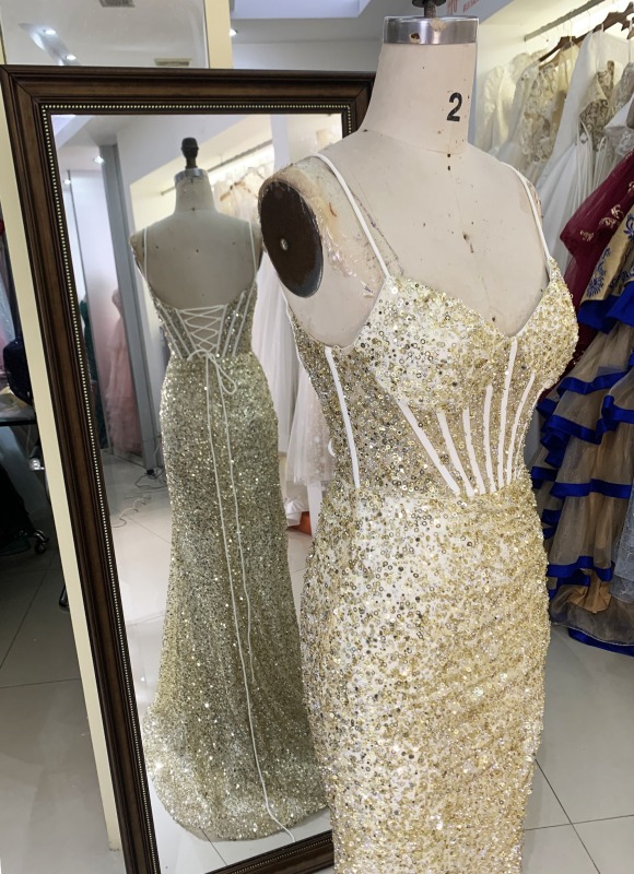 Wholesale new gold mermeid corset sequin sleeveless lace up back elegant prom dress party evening dress