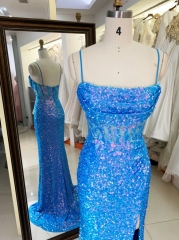 Royal New sequin sleeveless corset high slit hand pleated prom evening women dresses