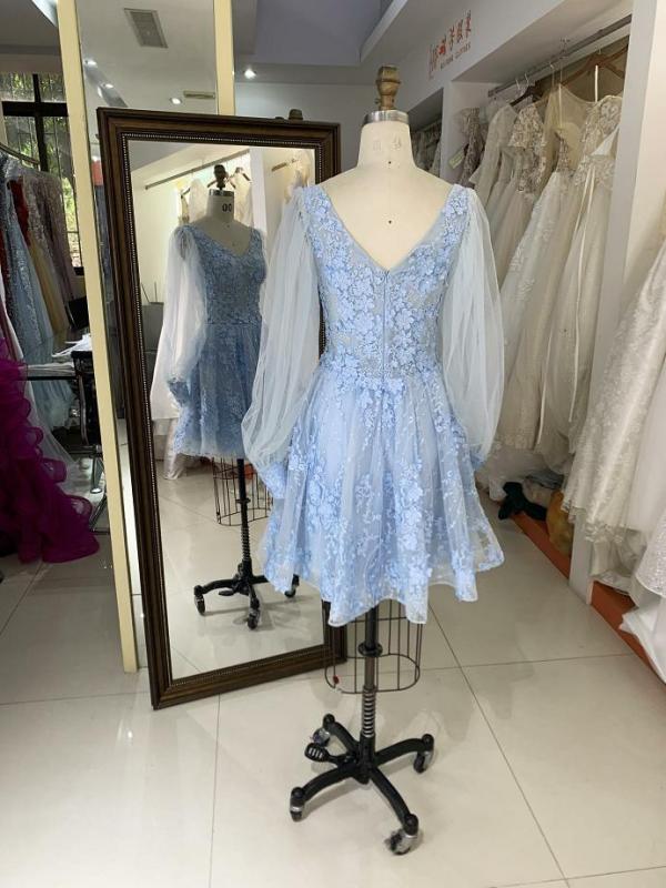 light blue tulle long puff sleeve embroidery zipper up back homecoming dresses