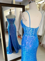 Royal New sequin sleeveless corset high slit hand pleated prom evening women dresses
