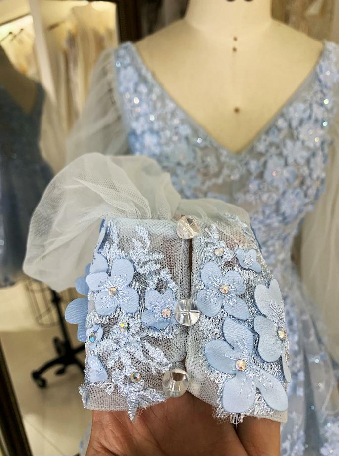 light blue tulle long puff sleeve embroidery zipper up back homecoming dresses