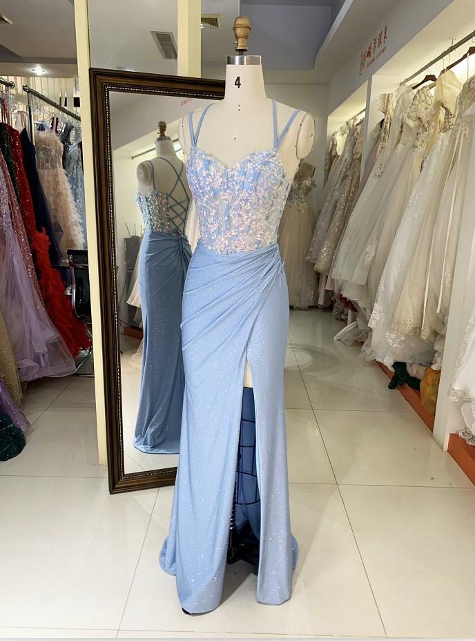 Wholesale 2025 Light Blue New sequin shiny sketch satin sleeveless corset high slit hand pleated prom evening women dresses