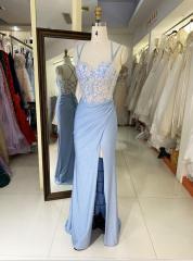 Wholesale 2025 Light Blue New sequin shiny sketch satin sleeveless corset high slit hand pleated prom evening women dresses