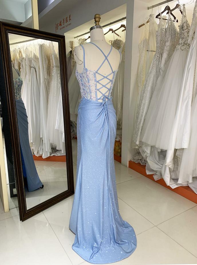 Wholesale 2025 Light Blue New sequin shiny sketch satin sleeveless corset high slit hand pleated prom evening women dresses