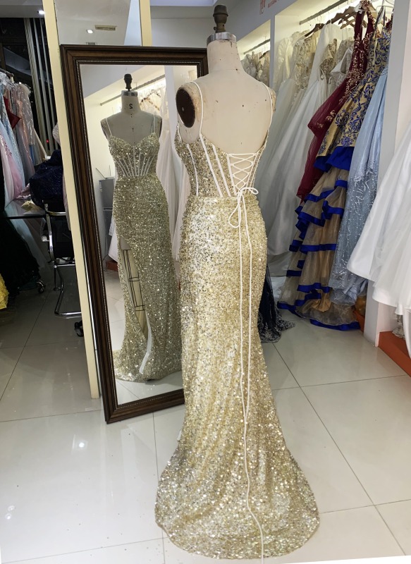 Wholesale new gold mermeid corset sequin sleeveless lace up back elegant prom dress party evening dress