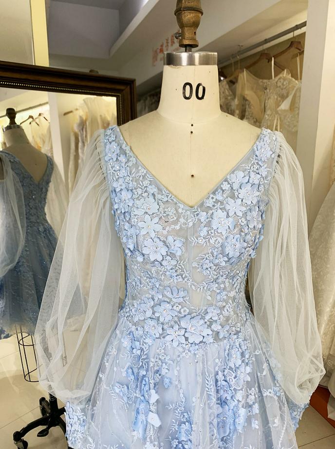 light blue tulle long puff sleeve embroidery zipper up back homecoming dresses