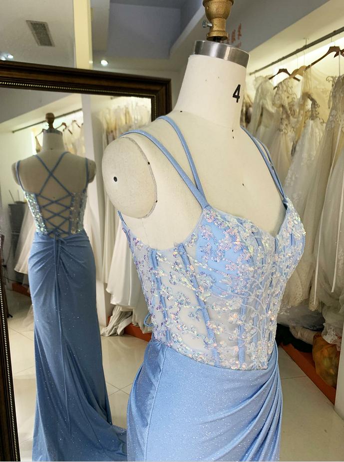 Wholesale 2025 Light Blue New sequin shiny sketch satin sleeveless corset high slit hand pleated prom evening women dresses
