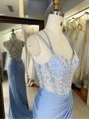 Wholesale 2025 Light Blue New sequin shiny sketch satin sleeveless corset high slit hand pleated prom evening women dresses