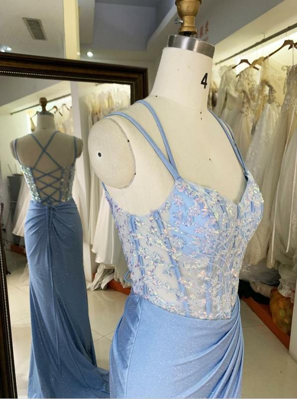 Wholesale 2025 Light Blue New sequin shiny sketch satin sleeveless corset high slit hand pleated prom evening women dresses