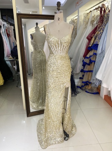 Wholesale new gold mermeid corset sequin sleeveless lace up back elegant prom dress party evening dress