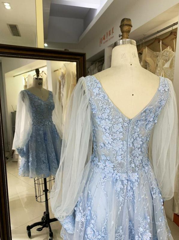 light blue tulle long puff sleeve embroidery zipper up back homecoming dresses