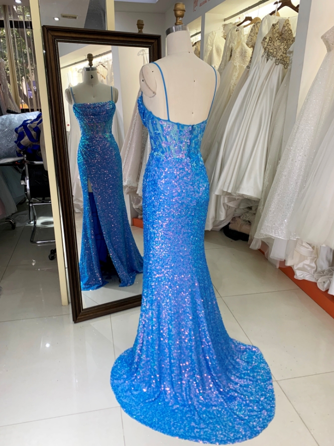Royal New sequin sleeveless corset high slit hand pleated prom evening women dresses