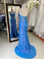 Royal New sequin sleeveless corset high slit hand pleated prom evening women dresses