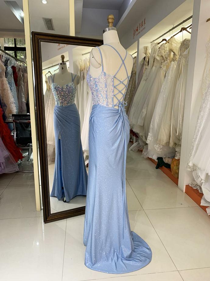Wholesale 2025 Light Blue New sequin shiny sketch satin sleeveless corset high slit hand pleated prom evening women dresses