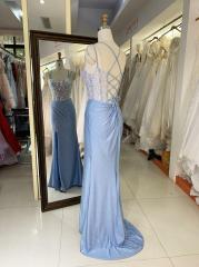 Wholesale 2025 Light Blue New sequin shiny sketch satin sleeveless corset high slit hand pleated prom evening women dresses