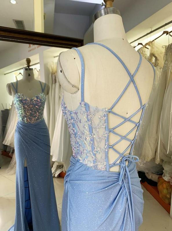Wholesale 2025 Light Blue New sequin shiny sketch satin sleeveless corset high slit hand pleated prom evening women dresses
