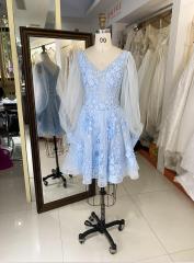 2024 light blue tulle long puff sleeve embroidery zipper up back homecoming dresses