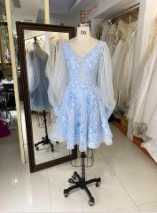 light blue tulle long puff sleeve embroidery zipper up back homecoming dresses