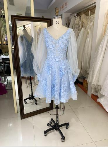 light blue tulle long puff sleeve embroidery zipper up back homecoming dresses