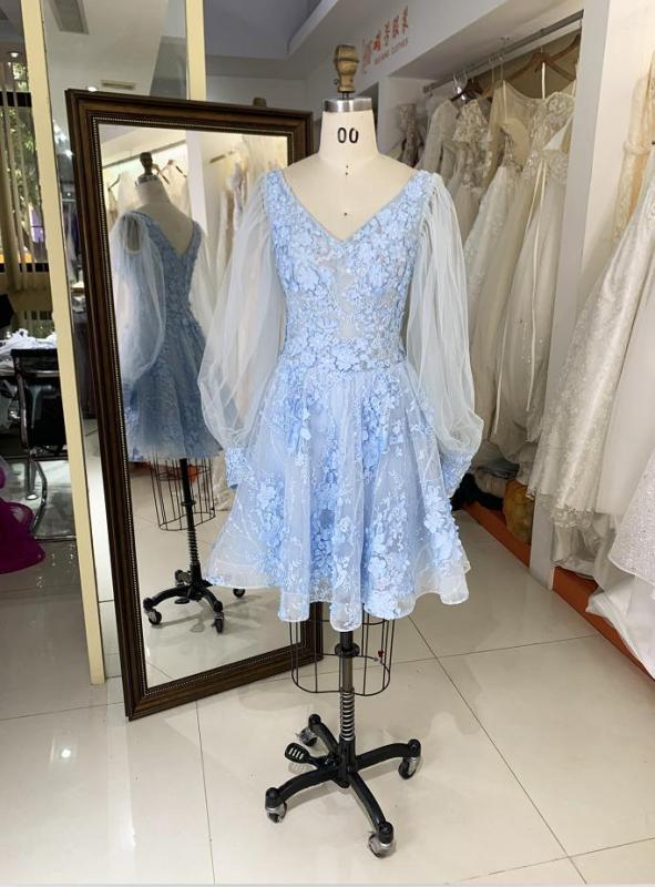 light blue tulle long puff sleeve embroidery zipper up back homecoming dresses