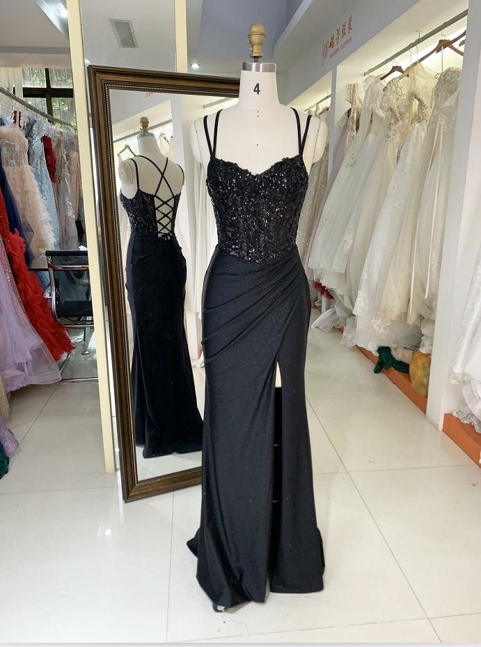 Wholesale 2025 Light Blue New sequin shiny sketch satin sleeveless corset high slit hand pleated prom evening women dresses