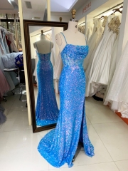 Royal New sequin sleeveless corset high slit hand pleated prom evening women dresses