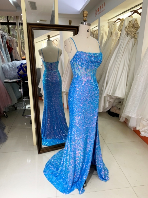 Royal New sequin sleeveless corset high slit hand pleated prom evening women dresses