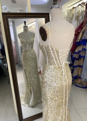 Wholesale new gold mermeid corset sequin sleeveless lace up back elegant prom dress party evening dress