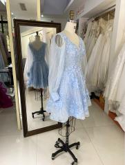 light blue tulle long puff sleeve embroidery zipper up back homecoming dresses