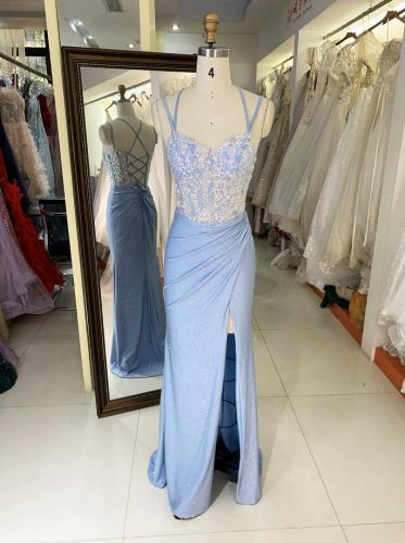 Wholesale 2025 Light Blue New sequin shiny sketch satin sleeveless corset high slit hand pleated prom evening women dresses