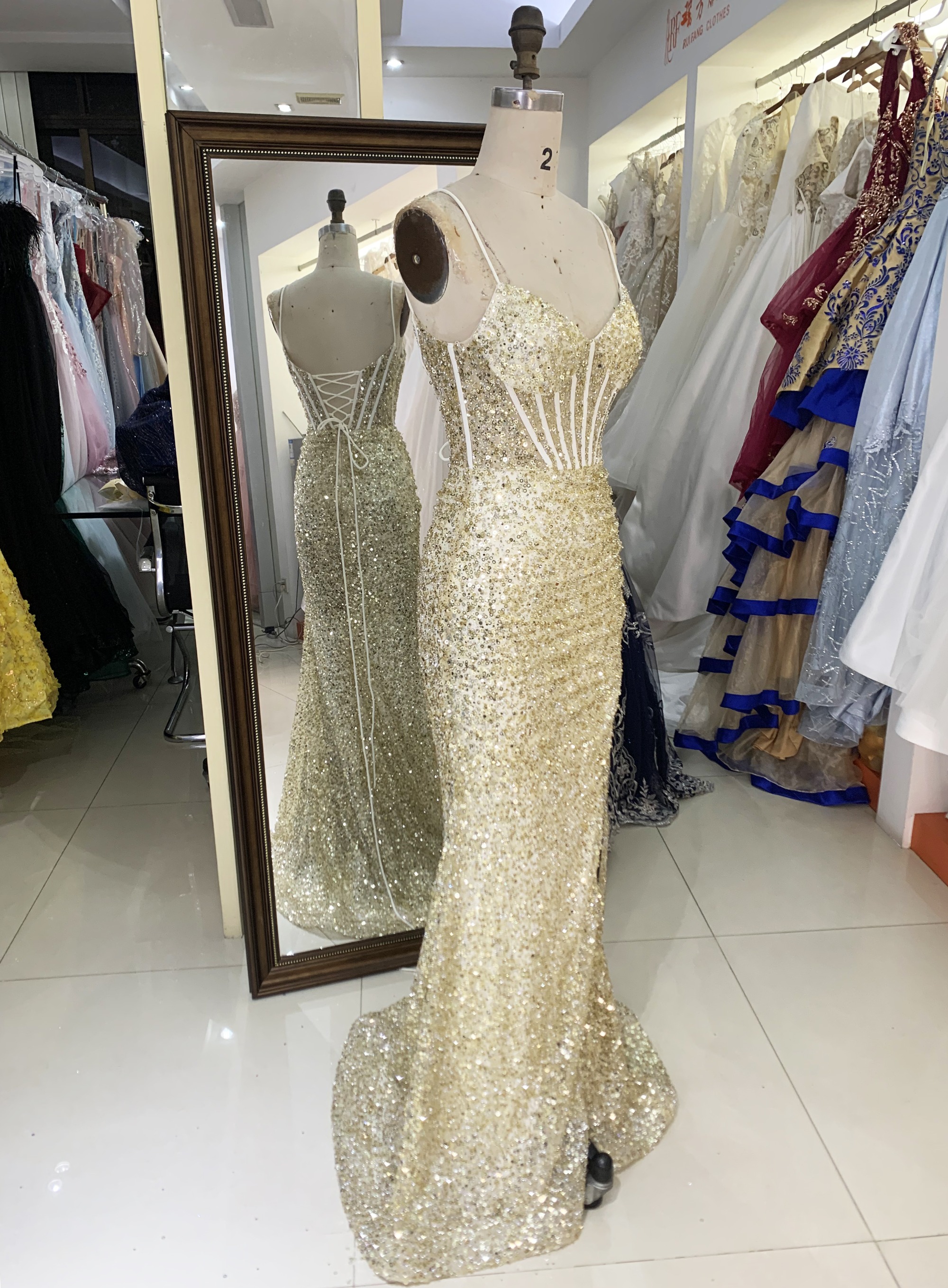 Wholesale new gold mermeid corset sequin sleeveless lace up back elegant prom dress party evening dress