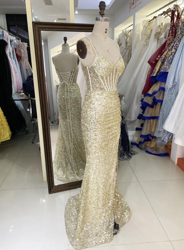 Wholesale new gold mermeid corset sequin sleeveless lace up back elegant prom dress party evening dress