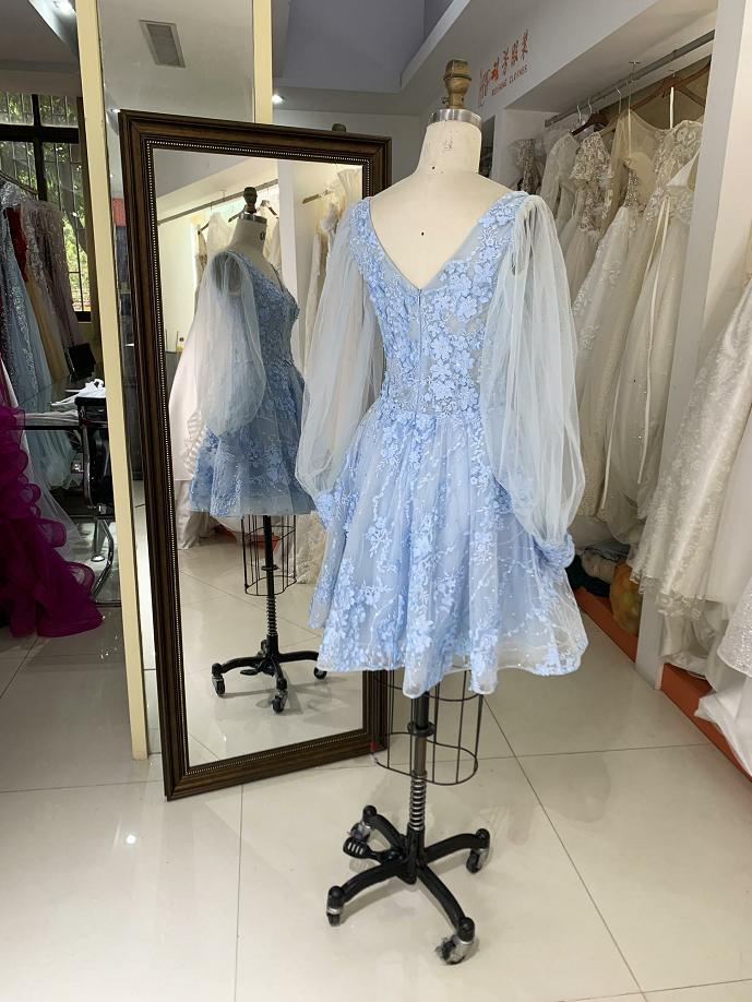 light blue tulle long puff sleeve embroidery zipper up back homecoming dresses