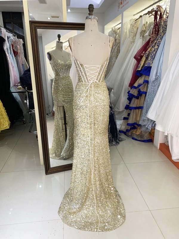 Wholesale new gold mermeid corset sequin sleeveless lace up back elegant prom dress party evening dress