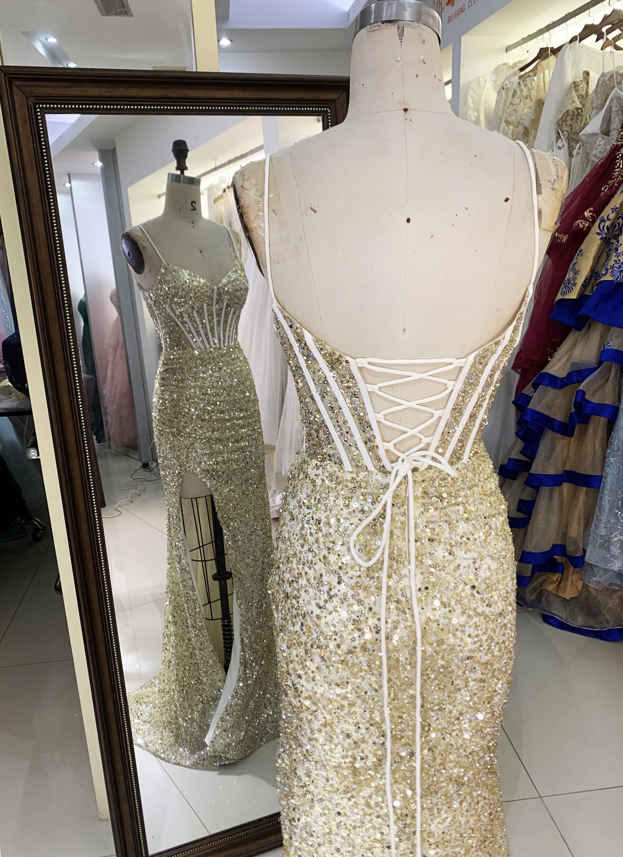 Wholesale new gold mermeid corset sequin sleeveless lace up back elegant prom dress party evening dress