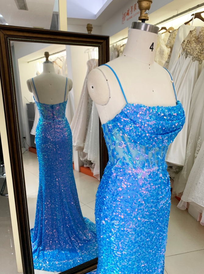 Royal New sequin sleeveless corset high slit hand pleated prom evening women dresses