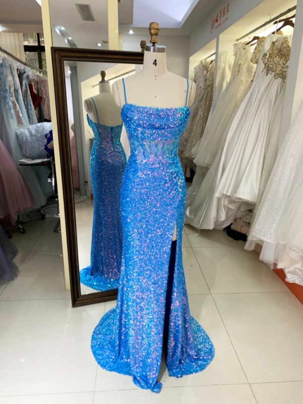 Royal New sequin sleeveless corset high slit hand pleated prom evening women dresses