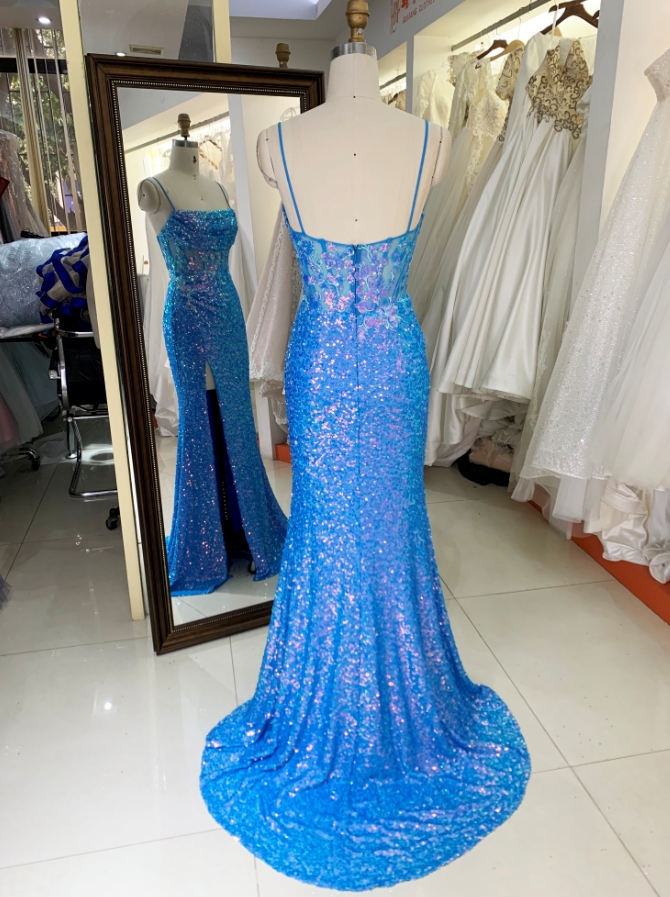 Royal New sequin sleeveless corset high slit hand pleated prom evening women dresses