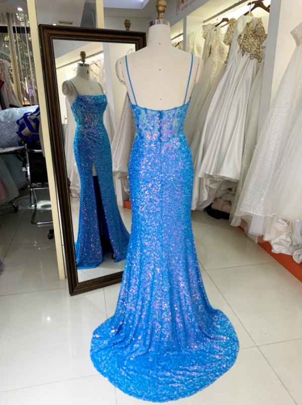 Royal New sequin sleeveless corset high slit hand pleated prom evening women dresses