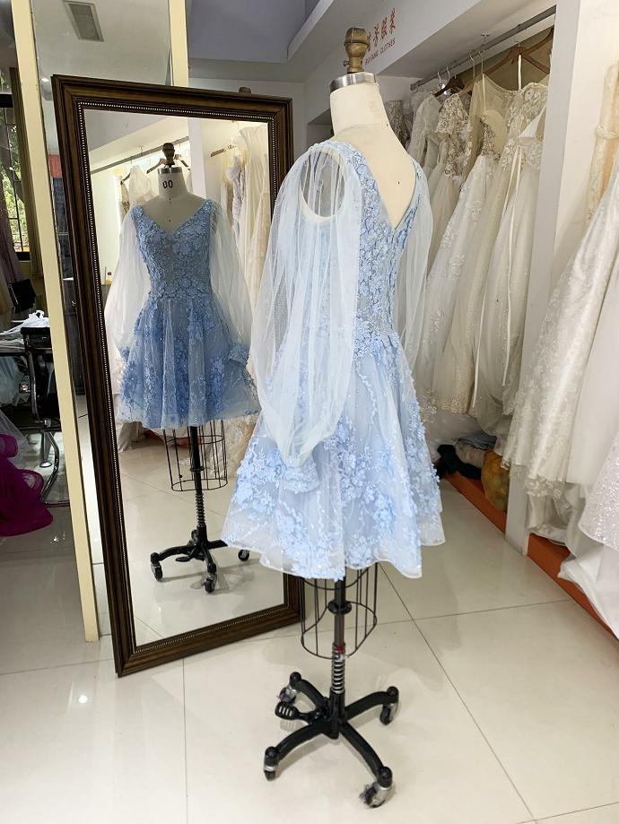 light blue tulle long puff sleeve embroidery zipper up back homecoming dresses